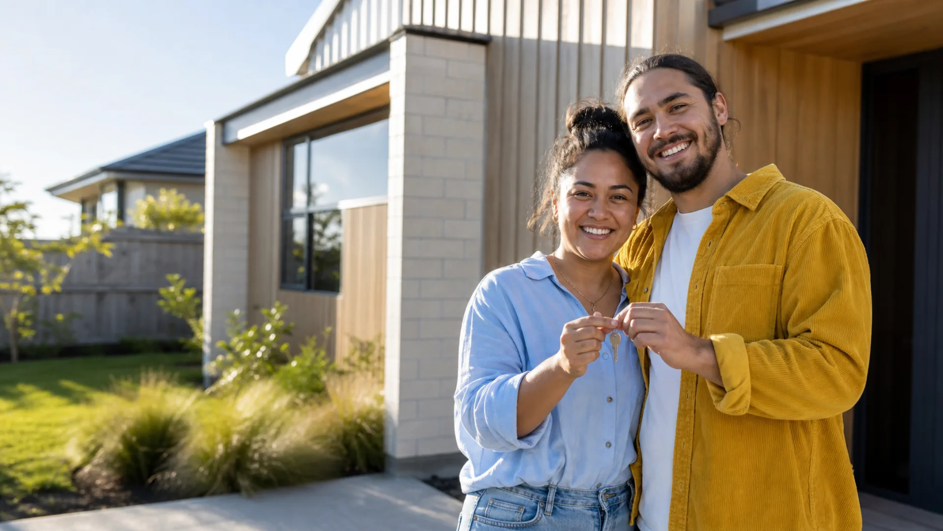 New Zealand couple celebrating outside their new home